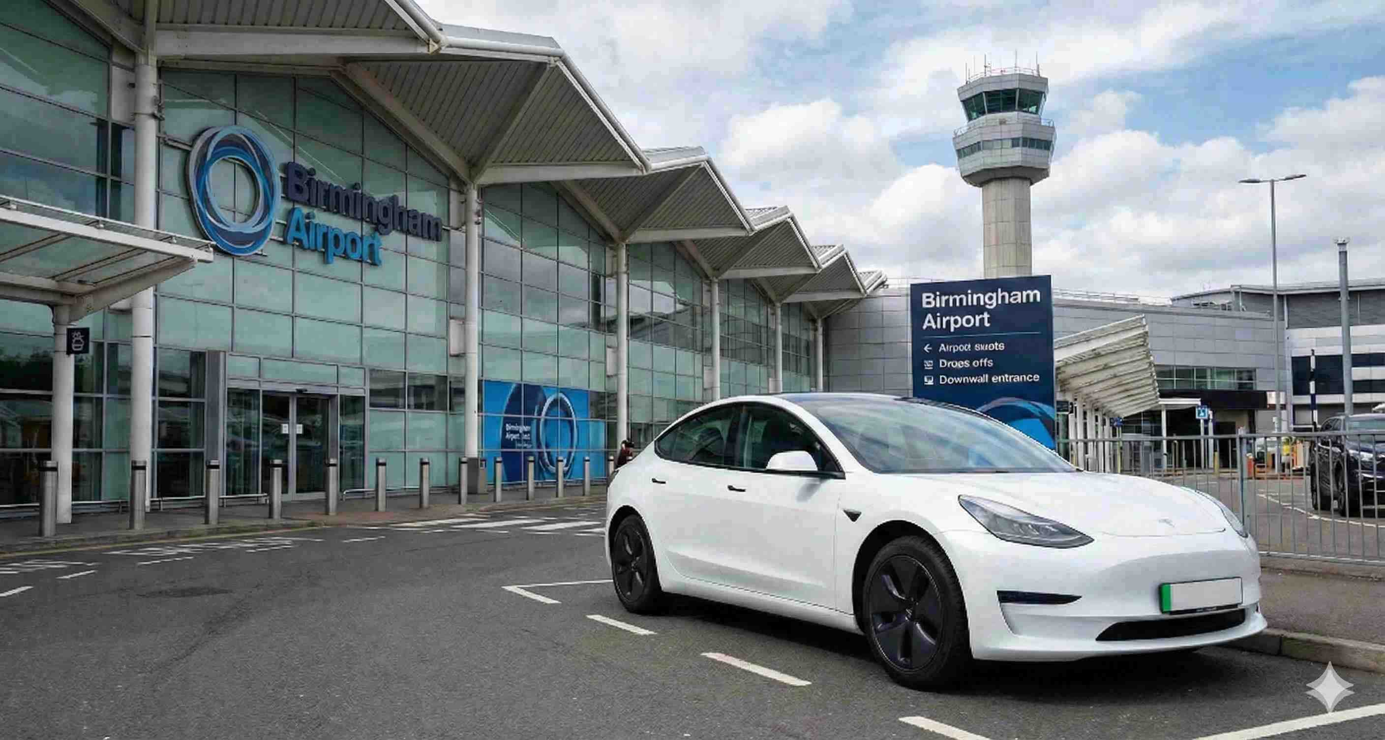 White Tesla Model 3 electric taxi at Birmingham Airport terminal - Professional airport transfer service from North Wales